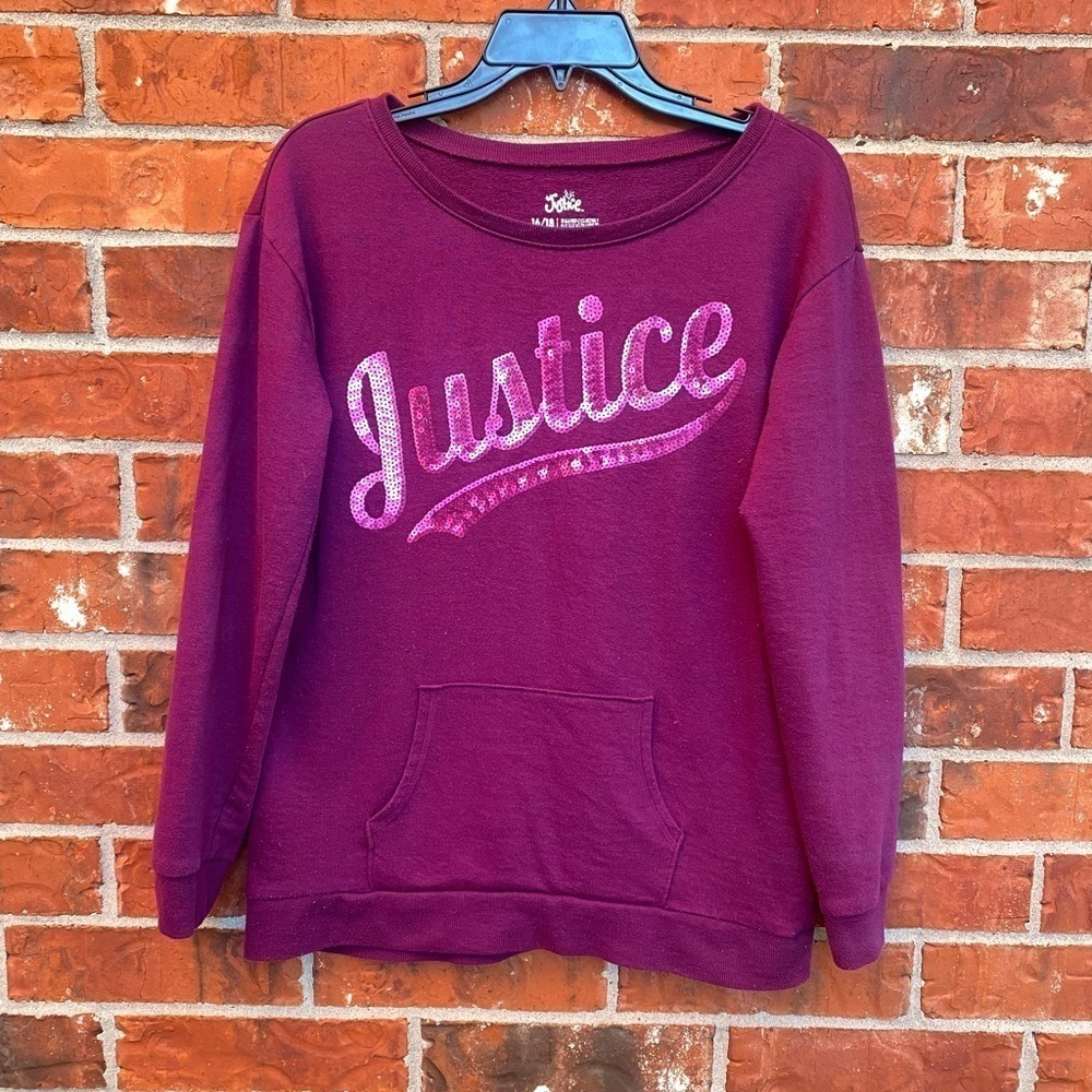 Justice Girls 16/18 Spellout Purple Sequin Sweater Kangaroo Pocket Sweatshirt